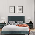 Modern Double Bed with Dark Green Velvet Headboard Checkered Pillows Orange Throw Blanket Nightstands and Lamps