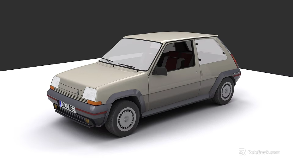 Vintage Light Beige Two Door Small Car With Red Interior And Black Wheels 3d model 
