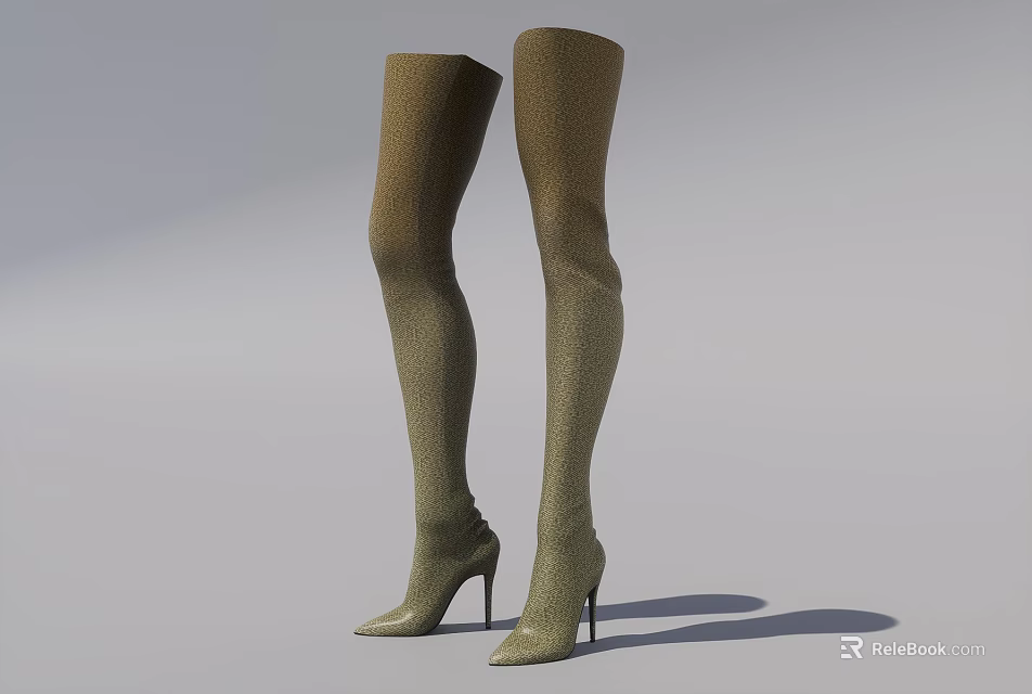 Elegant Beige Textured Over The Knee Boots With Stiletto Heels Fashion Footwear 3d model 