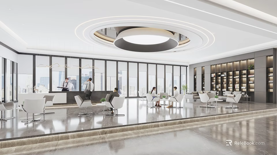 Modern Reception Area Design With Front Desk Waiting Seats And Glass Windows 3d model 