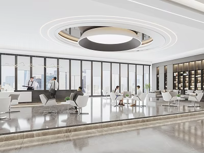 Modern Reception Area Design With Front Desk Waiting Seats And Glass Windows 3d model