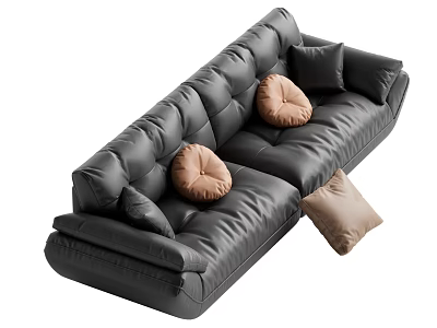 Modern Black Leather Double Sofa With Tufted Design And Brown Round Square Pillows 3d model