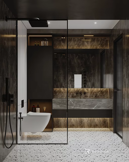 Modern Bathroom Interior Design With Glass Shower Marble Vanity And Ambient Lighting 3d model 