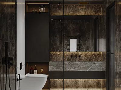 Modern Bathroom Interior Design With Glass Shower Marble Vanity And Ambient Lighting 3d model