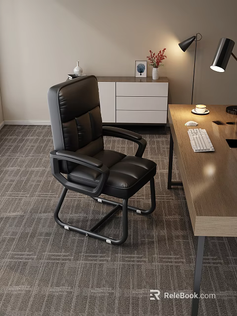 Modern Black Leather Office Chair With Metal Frame And Office Desk Setup 3d model 