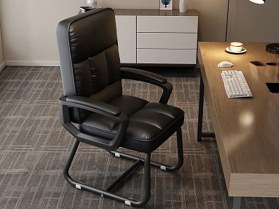 Modern Black Leather Office Chair With Metal Frame And Office Desk Setup 3d model