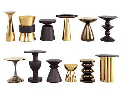 Modern Round Side Tables With Various Gold And Black Unique Base Designs 3d model