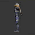 Woman in Blue and White Armor With Helmet Blonde Hair Arms Outstretched Gray Background