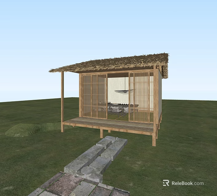 Traditional Thatched Cottage With Wooden Structure Bamboo Lattice And Stone Path On Grassland 3d model 