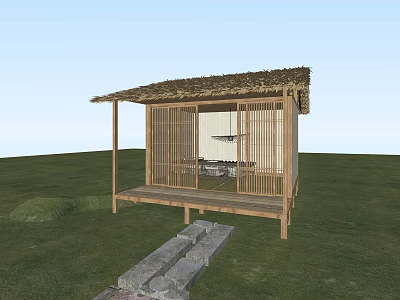 Traditional Thatched Cottage With Wooden Structure Bamboo Lattice And Stone Path On Grassland 3d model