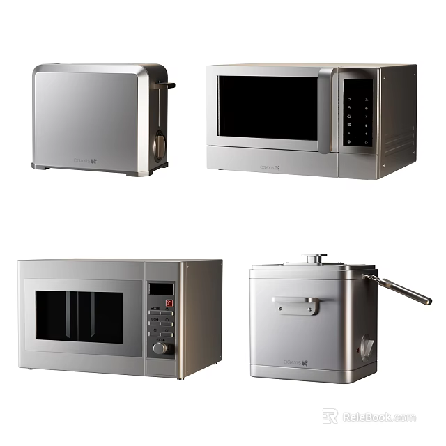 Modern Stainless Steel Kitchen Appliances Including Toaster Microwave And Air Fryer 3d model 