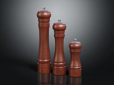 Three Wooden Pepper Grinders In Different Sizes For Kitchen Use 3d model