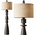 Two Modern Floor Lamps With Beige Linen Shades And Black Geometric Bases