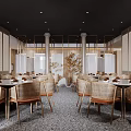 Traditional Chinese Tea Restaurant With Wooden Tables Stone Path Greenery Round Window And Lattice Partition