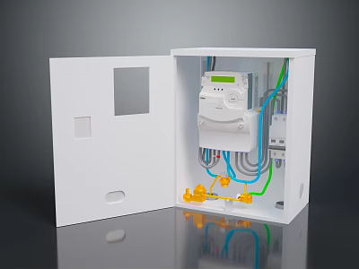 Electrical Distribution Box with Open Door Smart Meter Green Display Colored Wires and Yellow Terminals 3d model