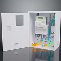 Electrical Distribution Box with Open Door Smart Meter Green Display Colored Wires and Yellow Terminals