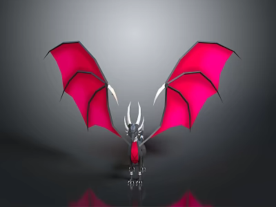Game and Movie Character Dragon with Red Wings Silver Horns and Body Against Gray Background 3d model