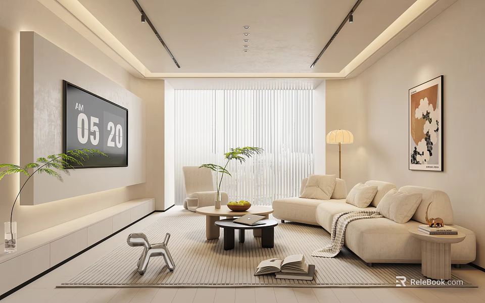 Modern Living Room Interior With Beige Sofa Coffee Table TV Decorative Painting And Floor Lamp 3d model 