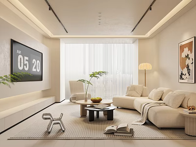 Modern Living Room Interior With Beige Sofa Coffee Table TV Decorative Painting And Floor Lamp 3d model