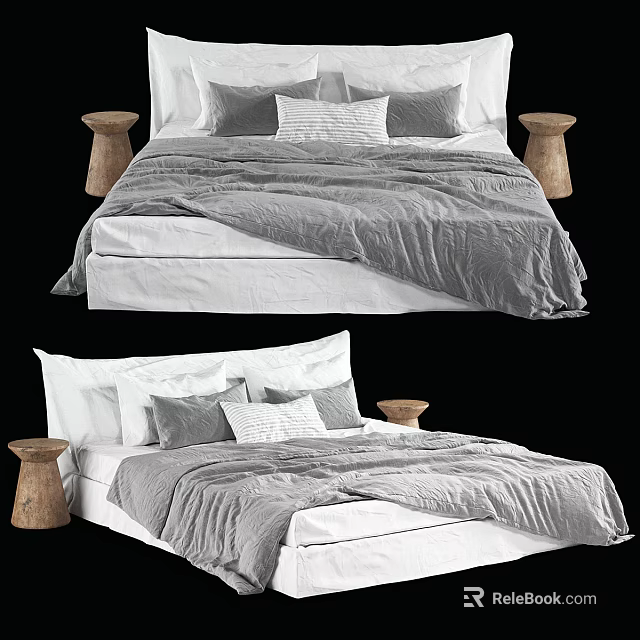 Modern Double Bed with Gray Comforter White Sheets Gray and White Pillows and Wooden Stools 3d model 