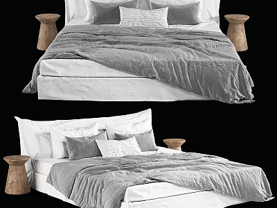 Modern Double Bed with Gray Comforter White Sheets Gray and White Pillows and Wooden Stools 3d model