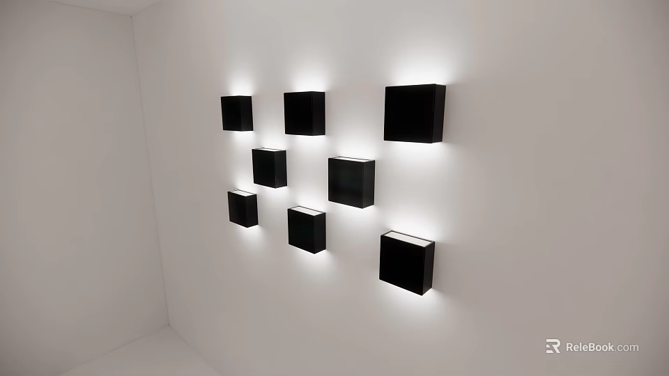Black Square Wall Lamps in Irregular Arrangement Illuminated on White Wall with Soft Light 3d model 