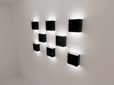 Black Square Wall Lamps in Irregular Arrangement Illuminated on White Wall with Soft Light 3d model