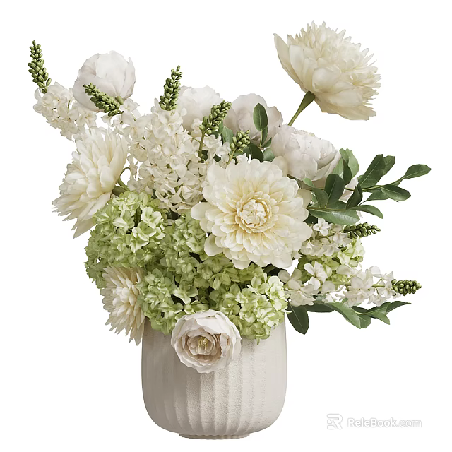 Elegant White Textured Vase With White Peonies Green Hydrangeas And Fresh Leaves 3d model 
