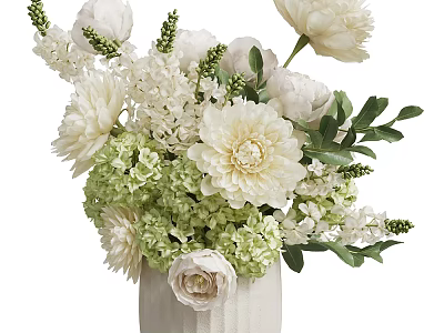 Elegant White Textured Vase With White Peonies Green Hydrangeas And Fresh Leaves 3d model