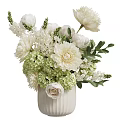 Elegant White Textured Vase With White Peonies Green Hydrangeas And Fresh Leaves