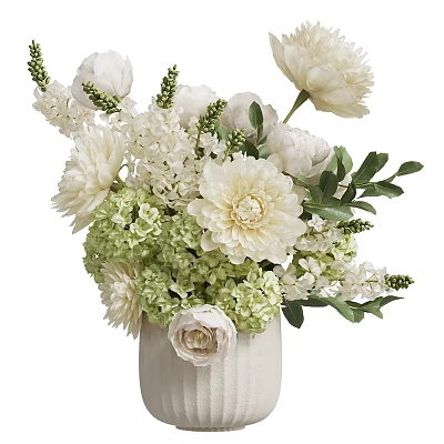 Elegant White Textured Vase With White Peonies Green Hydrangeas And Fresh Leaves 3d model