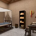 Traditional Vintage Interior With Earthen Walls Bamboo Woven Items Old Wooden Cabinet And Canopy Bed