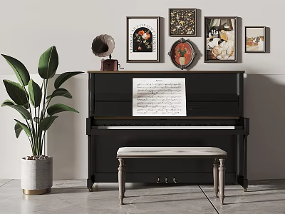 Musical Instruments and Artworks Featuring Piano with Music Sheet Gramophone Paintings and Green Plant 3d model