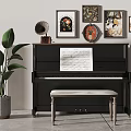 Musical Instruments and Artworks Featuring Piano with Music Sheet Gramophone Paintings and Green Plant