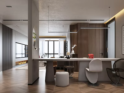 Modern Living Dining Room Interior With Open Layout Dining Table Chairs And Pendant Lights 3d model