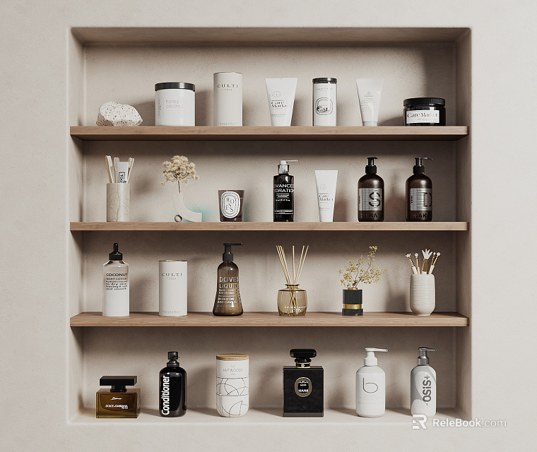 Bathroom Accessories Organized On Shelves With Neutral Bottles Jars And Decorative Items 3d model 