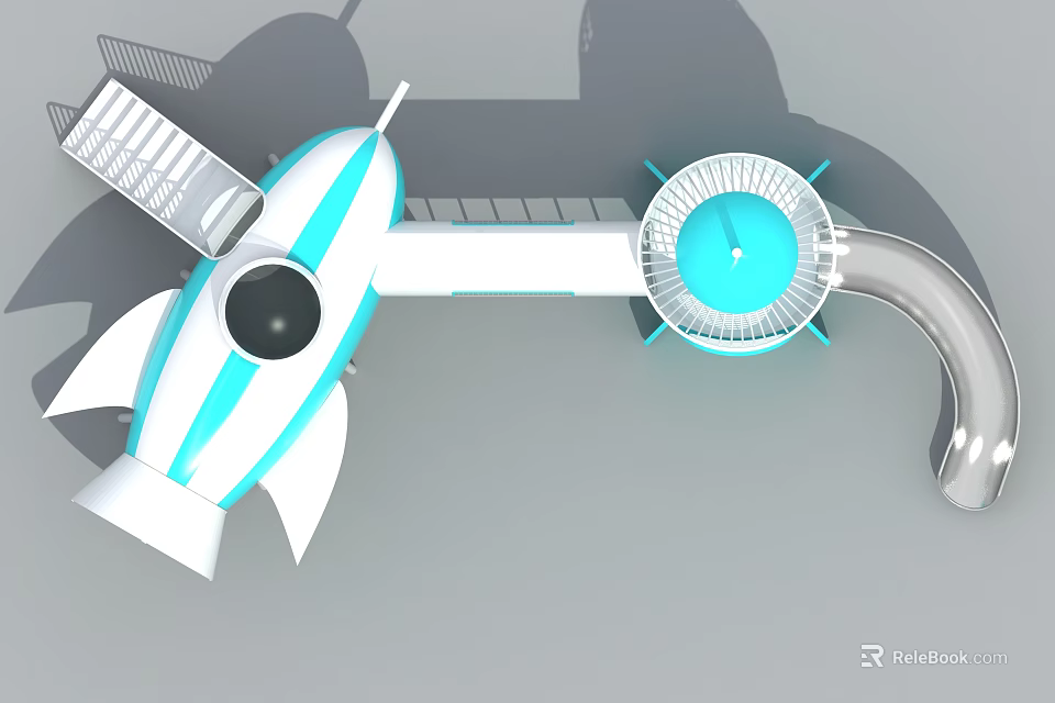 Rocket Shaped Sci Fi Toy With Blue White Design Turbine And Gun Like Structure Platform 3d model 