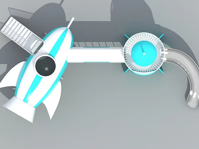 Rocket Shaped Sci Fi Toy With Blue White Design Turbine And Gun Like Structure Platform 3d model