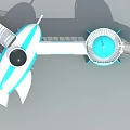 Rocket Shaped Sci Fi Toy With Blue White Design Turbine And Gun Like Structure Platform