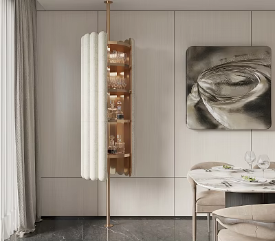 Elegant Modern Interior Design With Stylish Wine Cabinet Glass Shelves Wine Glasses And Dining Table 3d model