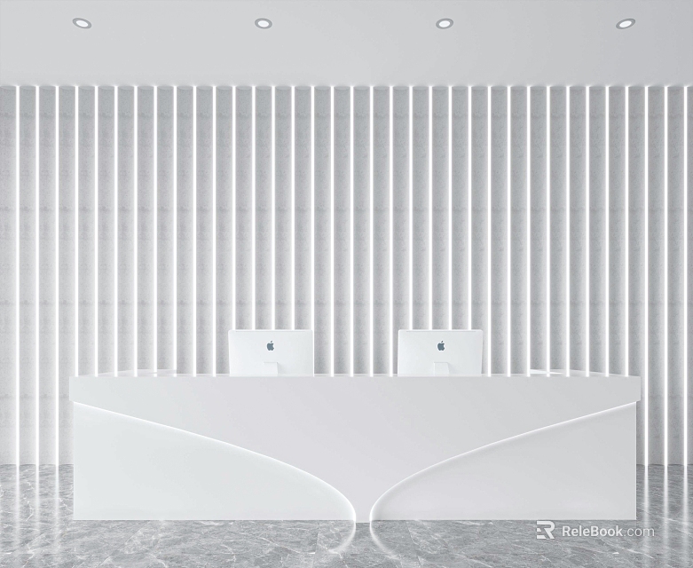 Modern Front Desk Reception Area With White Counter Vertical Slat Wall And Two Computers 3d model 