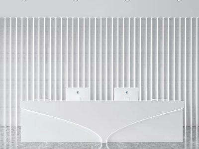 Modern Front Desk Reception Area With White Counter Vertical Slat Wall And Two Computers 3d model