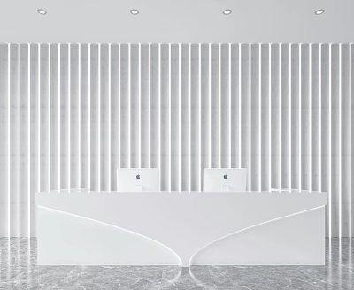 Modern Front Desk Reception Area With White Counter Vertical Slat Wall And Two Computers 3d model