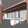 Modern Beauty Salon Interior With Orange White Curved Design Marble Flooring Sofas Mirrors And Lighting