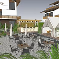 Modern Teahouse Outdoor Area With White Tents Greenery Tables Chairs And String Lights