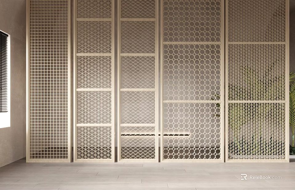 Modern Wooden Room Divider With Grid And Hexagonal Mesh Interior Designs 3d model 