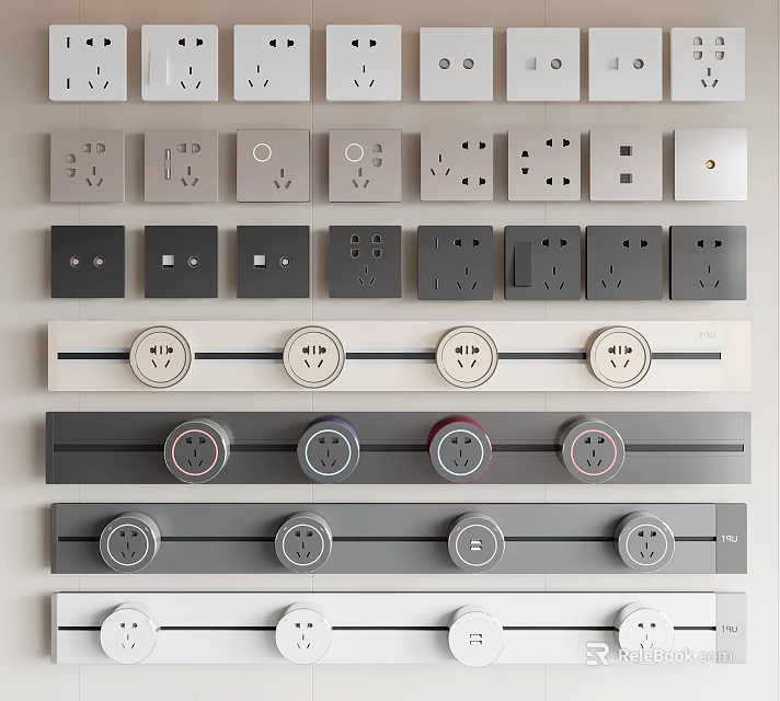 Various Design Switch Panels With White And Gray Colors And Socket Combinations 3d model 