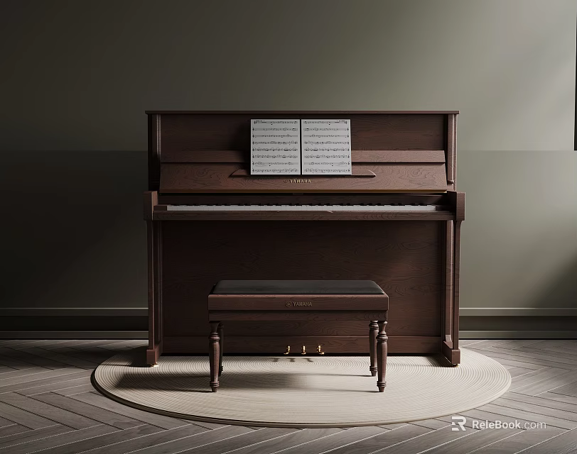 Elegant Dark Brown Musical Instruments Upright Piano With Stool Music Sheet And Herringbone Floor Rug 3d model 