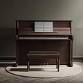 Elegant Dark Brown Musical Instruments Upright Piano With Stool Music Sheet And Herringbone Floor Rug