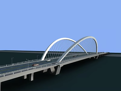 Modern White Twin Arch Cable Stayed Bridge With Vehicles Over Water 3d model